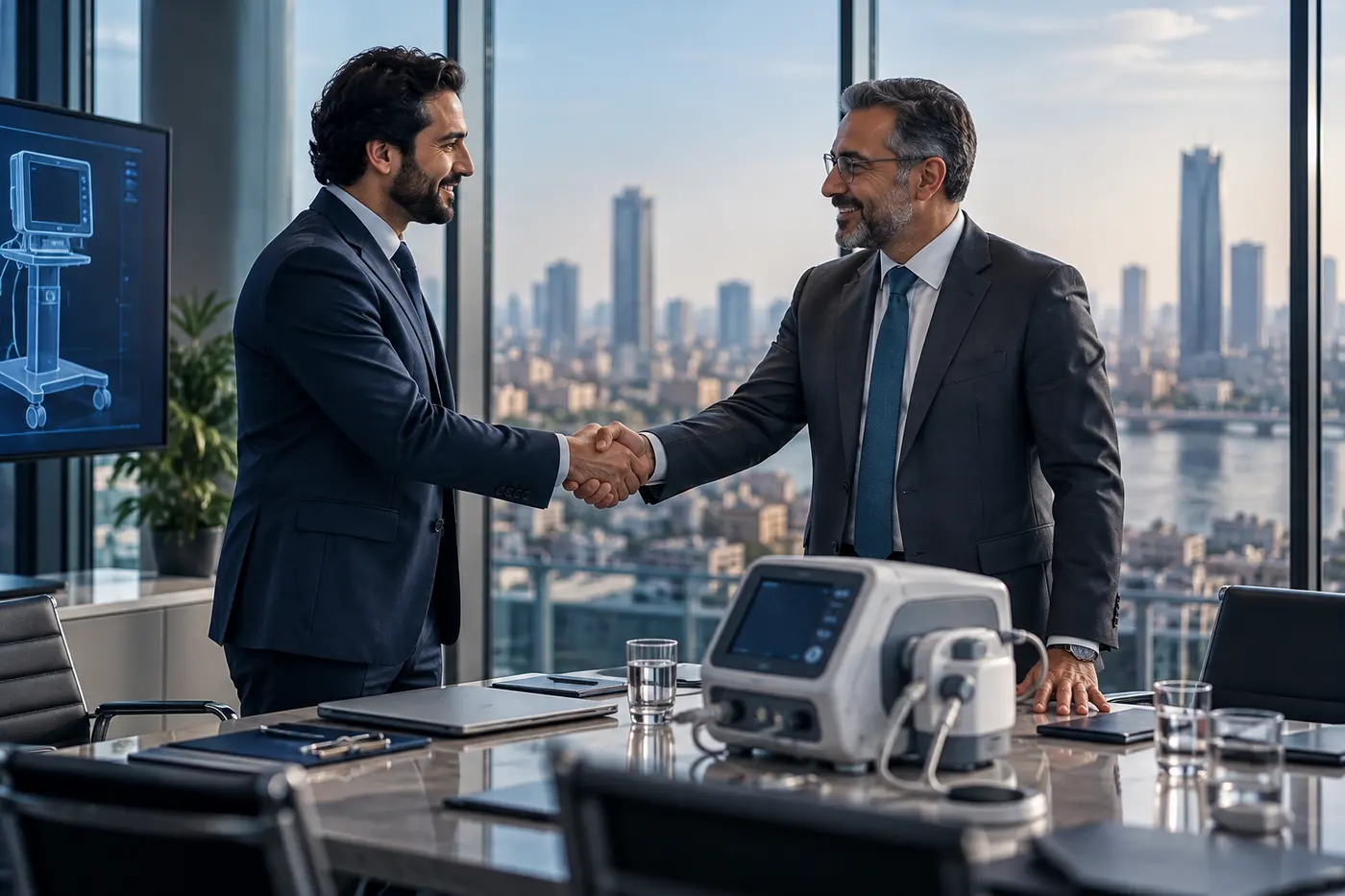 Medical technology partners shaking hands over a new device