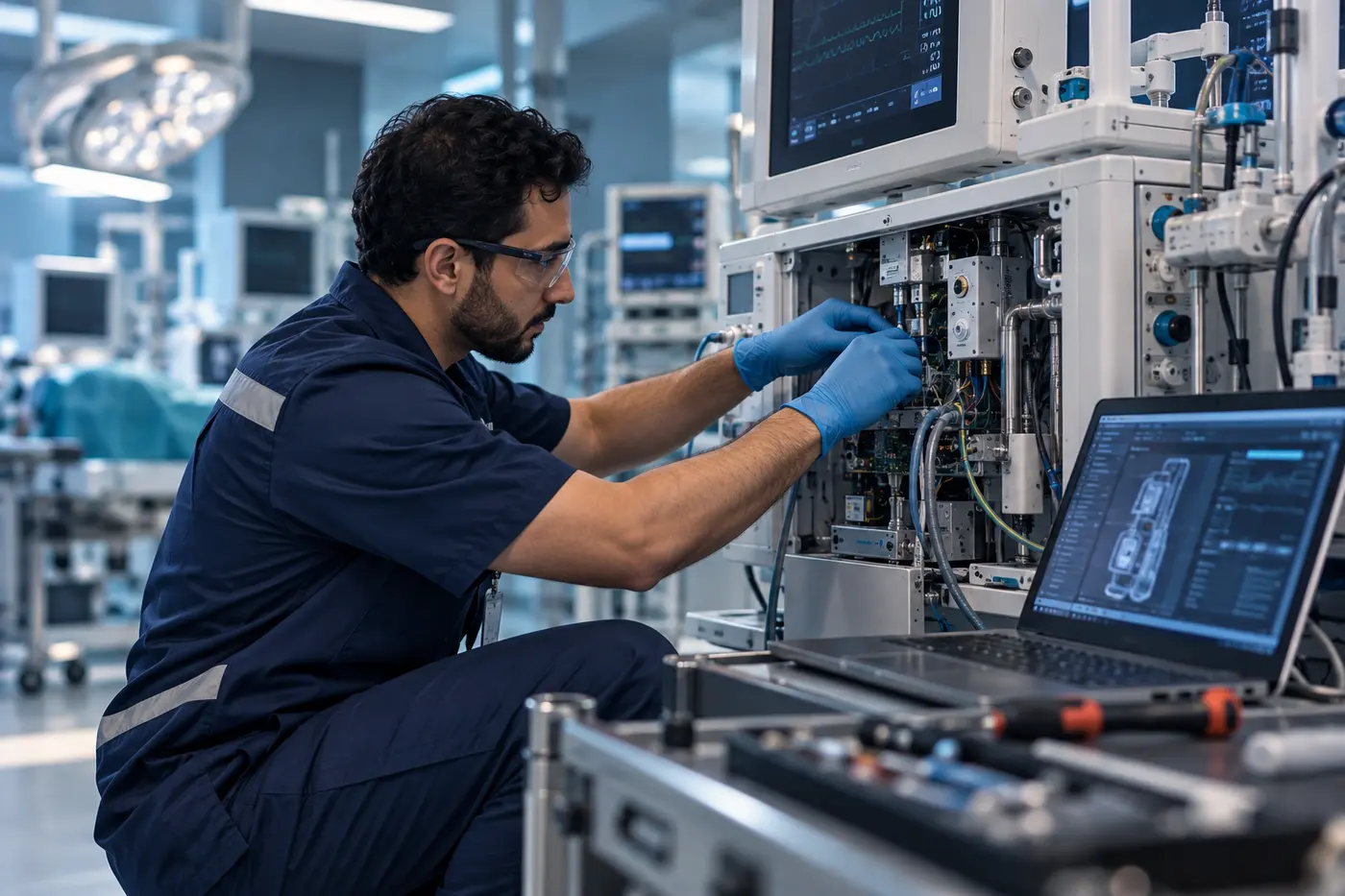 Biomedical engineer performing maintenance and calibration on a medical device